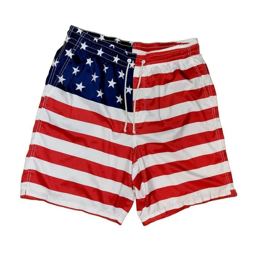 America Flag Red White Blue Stripe Men's Size Large Swim Trunks Shorts
